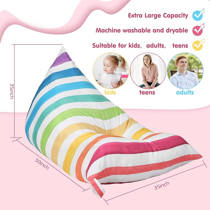 Stuffed Animal Storage Bean Bag Chair Cover Organizer Extra Large Beanbag Stuffed Animal Holder Canvas Stuff Animal Storage Sleeping Storage Bean Bag Chair Without Filling for Kids (Rainbow Style) - LeafyLoom