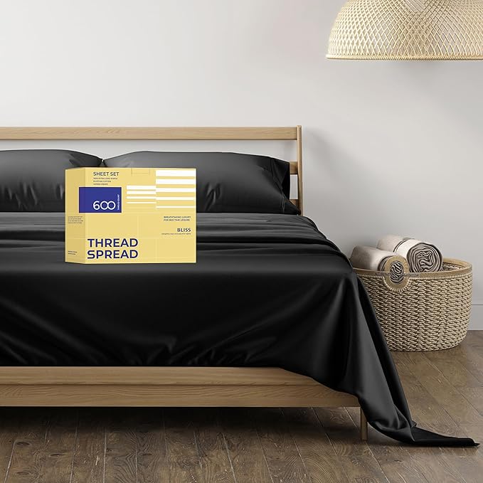 THREAD SPREAD 100% Egyptian Cotton Split King Sheets Sets for Adjustable Bed - 600 Thread Count 5 PC Top Split King Sheets, 16" Deep Pocket Soft Cooling Sheets for Split King Adjustable Bed - Black - LeafyLoom