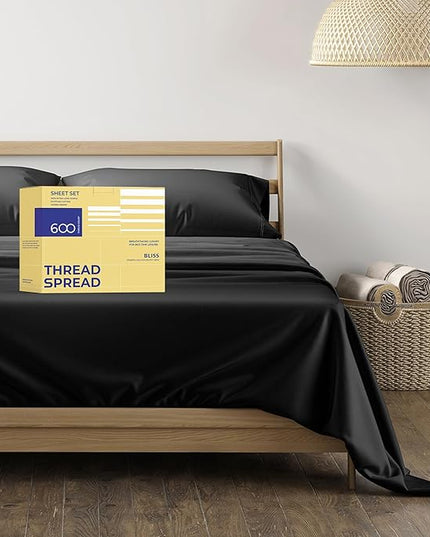 THREAD SPREAD 600 Thread Count Sheets Queen - 100% Egyptian Cotton Sheets Queen Size, 4 PC Luxury Sheets Queen Size, Soft, Cooling, Extra Long Staple 16" Deep Pocket Queen Bed Sheet Set - Black - LeafyLoom