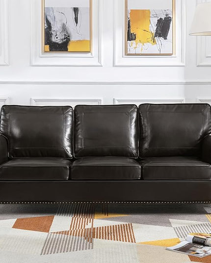 Dreamsir 79'' Traditional Faux Leather Sofa Couch with Nailhead Trim, Classic 3-Seater Couch with Rolled Arms for Living Room, Bedroom, Apartment, Easy Assembly (Charcoal) - LeafyLoom