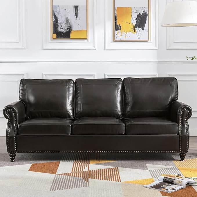 Dreamsir 79'' Traditional Faux Leather Sofa Couch with Nailhead Trim, Classic 3-Seater Couch with Rolled Arms for Living Room, Bedroom, Apartment, Easy Assembly (Charcoal) - LeafyLoom