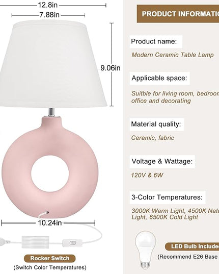 Pink Ceramic Table Lamp for Living Room Bedroom, 21" Modern Bedside Lamps for Kids Room 3 Color Temperature Small Table Lamps for Night Stands, Dorm, Dining Room, Home Décor (Bulb Included) - LeafyLoom