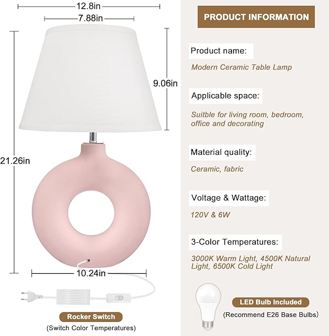 Pink Ceramic Table Lamp for Living Room Bedroom, 21" Modern Bedside Lamps for Kids Room 3 Color Temperature Small Table Lamps for Night Stands, Dorm, Dining Room, Home Décor (Bulb Included) - LeafyLoom