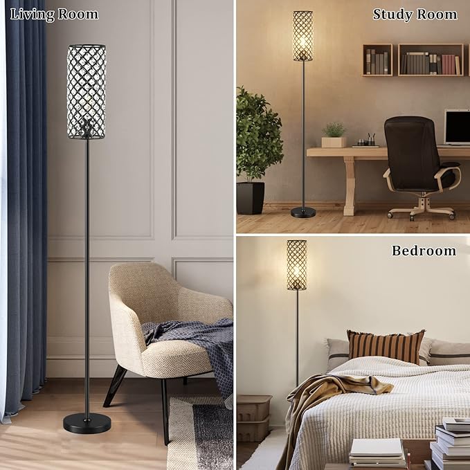 Acaxin Crystal Floor Lamp for Bedroom Black, Living Room Floor Lamps with Bulb, Modern Tall Lamp for Bedroom, Glam Standing Light for Girls Bedroom, Minimalism Pole Corner Lamp for Office, Dorm Hotel - LeafyLoom