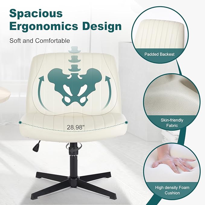 OLIXIS Cross Legged Armless Wide Adjustable Swivel Padded Home Office Desk Chair, Cream - LeafyLoom