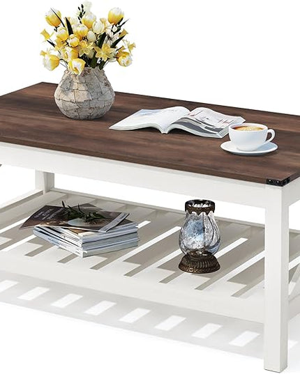 Farmhouse Coffee Table with 2-Tier Shelves - Rectangular Coffee Table with Storage for Living Room, Wood Coffee Table with Sturdy Frame, Brown - LeafyLoom