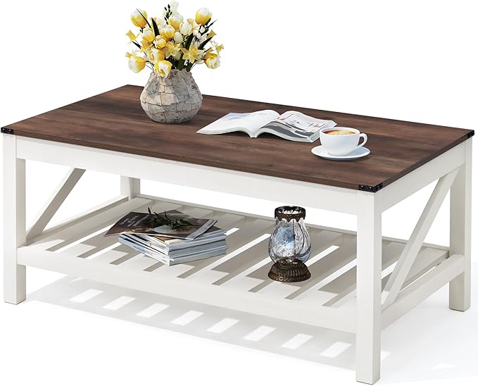 Farmhouse Coffee Table with 2-Tier Shelves - Rectangular Coffee Table with Storage for Living Room, Wood Coffee Table with Sturdy Frame, Brown - LeafyLoom
