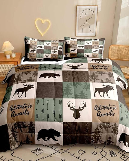 LUVIVIHOME 3PCS Rustic Lodge Comforter Set, Brown Sage Green King Size Comforter, Bear Deer Elk Moose Woodland Forest Animal Wildlife Country Farmhouse Cabin Bedding Patchwork Quilt, 2 Pillow Shams - LeafyLoom