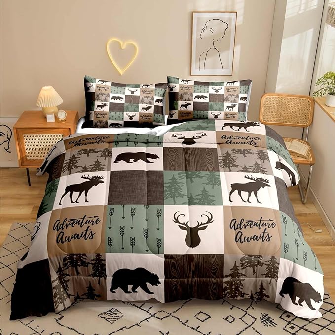 LUVIVIHOME 3PCS Rustic Cabin Comforter Set, Brown Sage Green Full Size Comforter, Bear Deer Elk Moose Woodland Forest Animal Wildlife Country Farmhouse Lodge Bedding Patchwork Quilt, 2 Pillow Shams - LeafyLoom