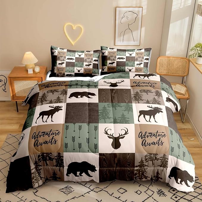 LUVIVIHOME 3PCS Rustic Cabin Comforter Set, Brown Sage Green Queen Comforter, Bear Deer Elk Moose Woodland Forest Animal Wildlife Country Farmhouse Lodge Bedding Sets Patchwork Quilt, 2 Pillow Shams - LeafyLoom