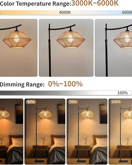 Arc Boho Farmhouse Black Floor Lamp, Standing Lamp with Rattan & Fabric Double Shade with Remote Control, Dimmable LED Bulb with 5 Color Temperature, Tall Pole for Living Room Bedroom Corner Office - LeafyLoom