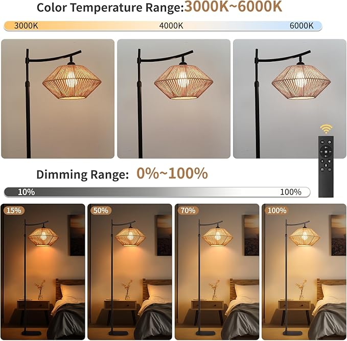 Arc Boho Farmhouse Black Floor Lamp, Standing Lamp with Rattan & Fabric Double Shade with Remote Control, Dimmable LED Bulb with 5 Color Temperature, Tall Pole for Living Room Bedroom Corner Office - LeafyLoom