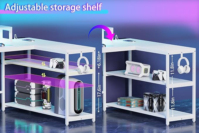 L Shaped Computer Desk with File Drawes,Gaming Desk with Led Lights & Power Outlets, Reversible Office Desk with Shelves White - LeafyLoom