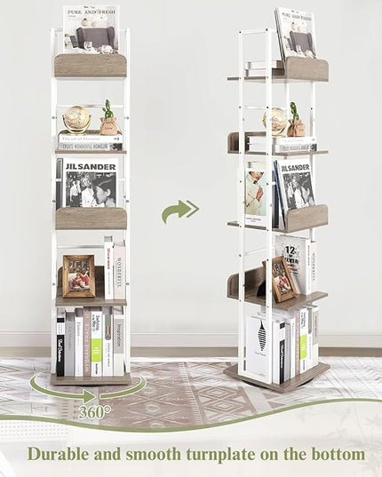 Bikoney Bookshelves 5-Tier, Rotating Bookshelf Tower for Corner, Small Bookcase, Tall Industrial Bookshelf, Narrow Bookshelf, Wood and Metal White - LeafyLoom