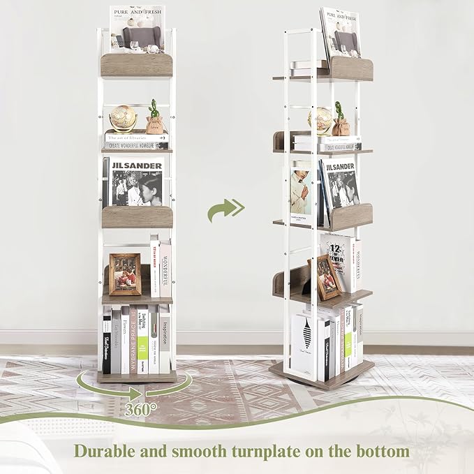 Bikoney Bookshelves 5-Tier, Rotating Bookshelf Tower for Corner, Small Bookcase, Tall Industrial Bookshelf, Narrow Bookshelf, Wood and Metal White - LeafyLoom