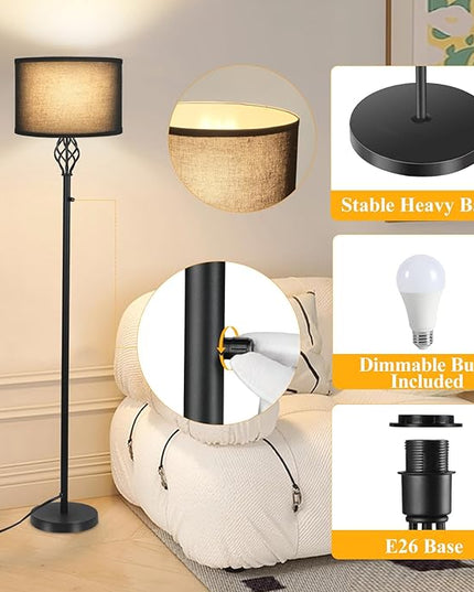 Dimmable Floor lamp, Floor Lamps for Living Room, Modern Standing Lamp with Black Linen Shade, Rotary Switch, 10W LED Bulb(1000LM, 2700K), Reading Tall Floor Lamp for Bedroom Office Dinning Room - LeafyLoom