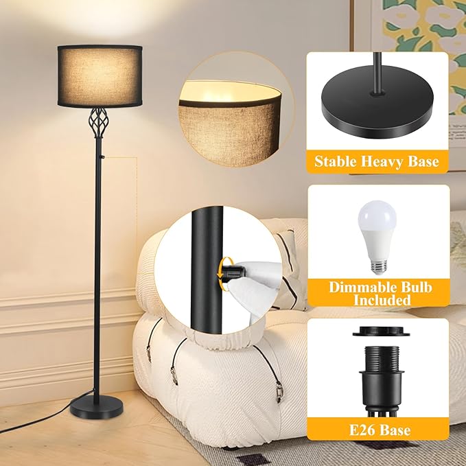 Dimmable Floor lamp, Floor Lamps for Living Room, Modern Standing Lamp with Black Linen Shade, Rotary Switch, 10W LED Bulb(1000LM, 2700K), Reading Tall Floor Lamp for Bedroom Office Dinning Room - LeafyLoom
