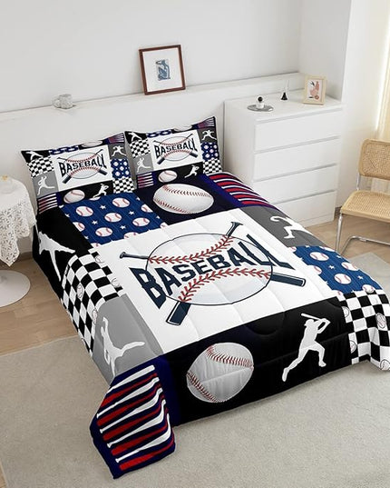 Baseball Bedding,Kids Sports Baseball Comforter Set For Boys Girls Twin Size,Teen Baseball Quilt Set Sport Fans Room Decor,Patchwork Geometric Checkered Comforter Balck white Navy Blue 1 Pillowcase - LeafyLoom