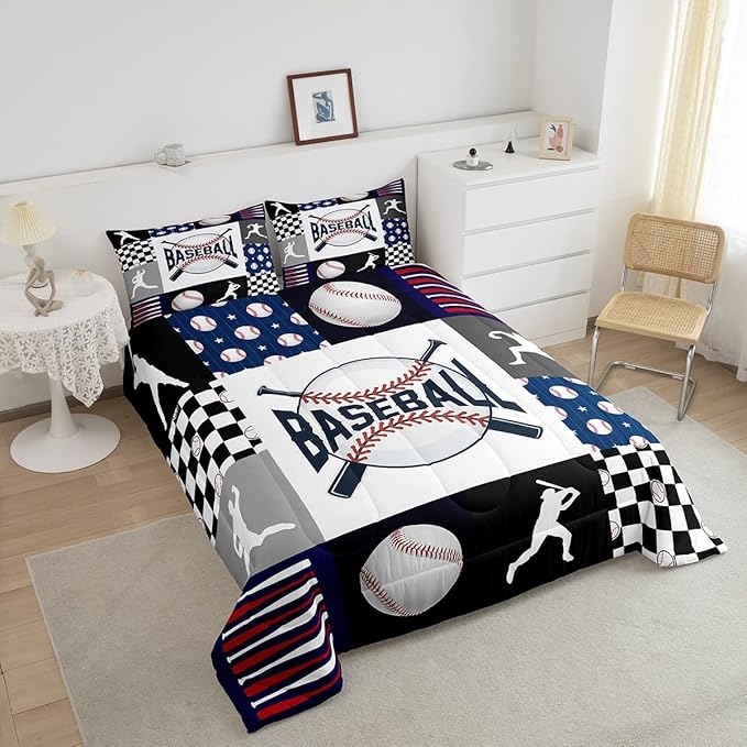 Baseball Bedding,Kids Sports Baseball Comforter Set For Boys Girls Twin Size,Teen Baseball Quilt Set Sport Fans Room Decor,Patchwork Geometric Checkered Comforter Balck white Navy Blue 1 Pillowcase - LeafyLoom