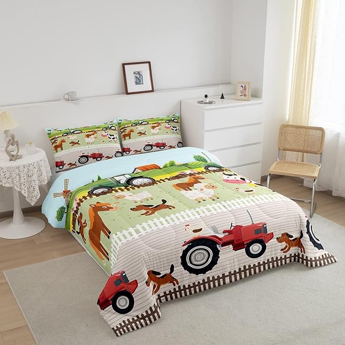 Tractor Bedding Sets for Boys King Size Toddler Kids Cute Cartoon Farm Animals Comforter Set Girls Children Farmhouse Country Down Comforter for All Season Colorful Room Decor Nature Theme Duvet Set - LeafyLoom