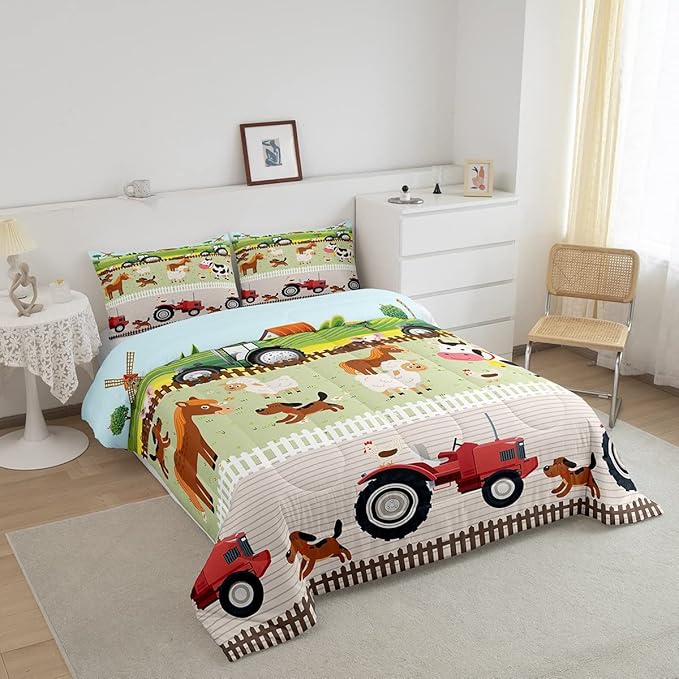 Tractor Bedding Sets for Boys Twin Size Toddler Kids Cute Cartoon Farm Animals Comforter Set Girls Children Farmhouse Country Down Comforter for All Season Colorful Room Decor Nature Theme Duvet Set - LeafyLoom