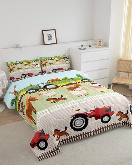 Tractor Bedding Sets for Boys Full Size Toddler Kids Cute Cartoon Farm Animals Comforter Set Girls Children Farmhouse Country Down Comforter for All Season Colorful Room Decor Nature Theme Duvet Set - LeafyLoom