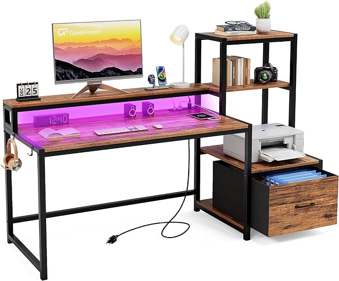 GreenForest Computer Desk with Drawer and Printer Shelf, 59 inch Home Office Desk with LED Lights and Power Outlets, Desk with Storage for Study Gaming Working, Walnut - LeafyLoom