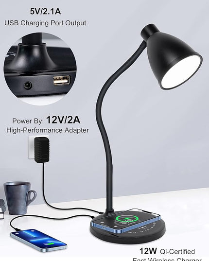 Desk Lamp with USB Charging Port Table Lamp Wireless Charger Dimmable Dorm Lamp 5 Colors 7 Brightness Levels Touch Bedside Table Lamps Gooseneck Reading Light for Home Office - LeafyLoom