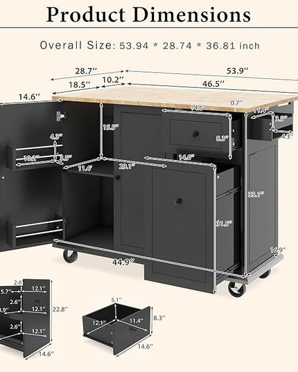53.9" Drop Leaf, Rolling Island on Wheels w/Drawer and 3-Tier Pull Out Cabinet Organizer, Kitchen Storage Cart with Spice, Towel Rack, Black, 53.94 Inch - LeafyLoom