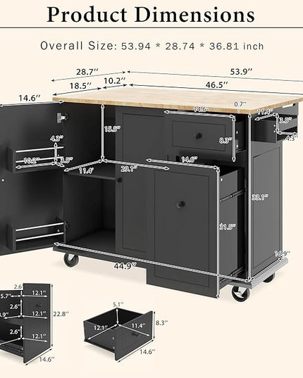 54Inch Kitchen Island Table with Drop Leaf & Adjustable Storage, Rolling Kitchen-Cart on Wheels w/Rubber Wood Top, 3-Tier Pull Out Cabinet Organizer, for Dining Room, Home - LeafyLoom