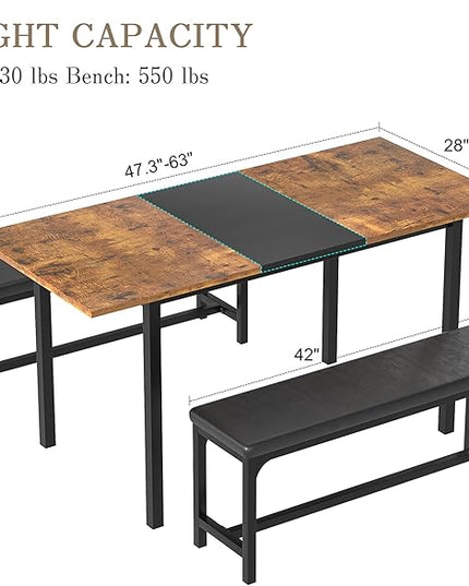 VECELO 3-Piece 63" Extendable Kitchen Table with Benches/Chairs Modern Breakfast Dinette/Dining Room Set for 4/6/2, Small Space Saving Design, Easy Assembly, Retro - LeafyLoom