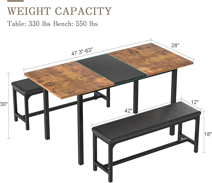VECELO 3-Piece 63" Extendable Kitchen Table with Benches/Chairs Modern Breakfast Dinette/Dining Room Set for 4/6/2, Small Space Saving Design, Easy Assembly, Retro - LeafyLoom