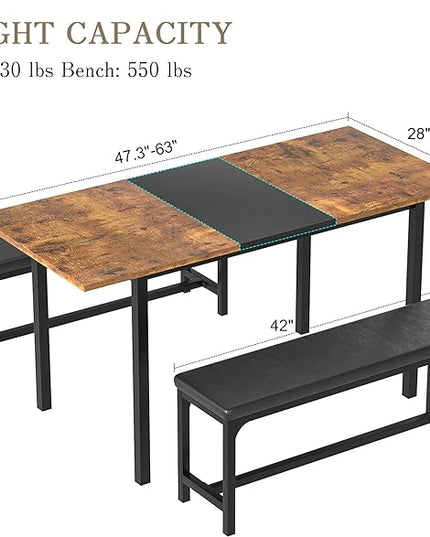 VECELO 3-Piece 63" Extendable Kitchen Table with Benches/Chairs Modern Breakfast Dinette/Dining Room Set for 4/6/2, Small Space Saving Design, Easy Assembly, Retro - LeafyLoom