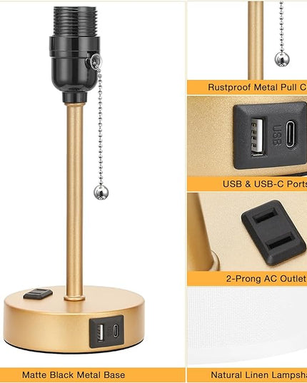 Dicoool Small Bedside Lamps 3 Color Modes - 2700K 3500K 5000K Bedroom Lamps with USB C and A Ports, Pull Chain Gold Table Lamps with AC Outlet, Nightstand Lamps with Gold Metal Base for Kids Reading - LeafyLoom