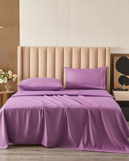 Bed Sheet Set - Brushed Microfiber Bedding - Bedding Sheets & Pillowcases - Deep Pockets - Easy Fit - Breathable & Soft Hotel Sheets - 4 Piece Queen Purple - LeafyLoom