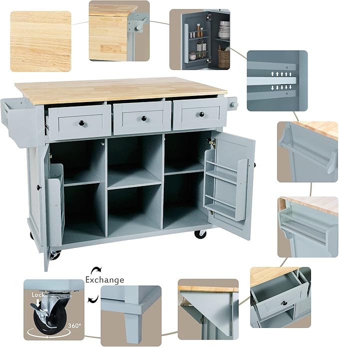 Kitchen Island with Drop-Leaf Countertop, Kitchen-Cart on Five Universal Wheels w/Open Shelves, Storage Cabinet and Three Drawers, Large Rubberwood Top Breakfast Bar for Dining Room - LeafyLoom