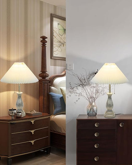 Farmhouse Table Lamp with Pull Chain Switch Control 3-Way Dimmable Table Lamp, Modern Nightstand Lamp Bedside Desk Lamp with Fabric Shade for Living Room Bedroom Hotel (Metal-Pack-01) - LeafyLoom