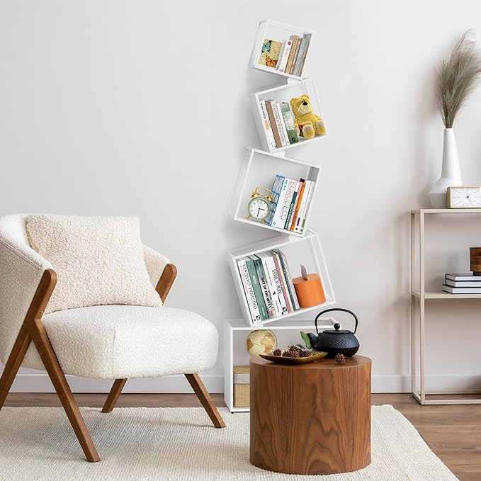 Bookshelf, Unique 5-Tier 67” Tall Bookshelves, Modern Geometric Bookcases Cool Metal Book Shelf, Corner Bookshelf for Bedroom, Living Room, Home Office (White) - LeafyLoom