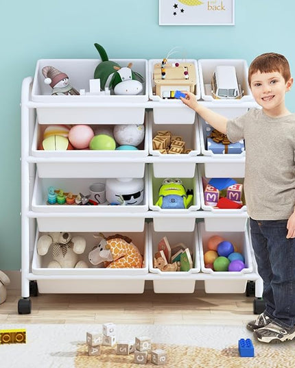 Kids Toy Storage Organizer with 12 Plastic Bins, 4-Tier Metal Toy Storage Rack, Metal Toy Organizer with Storage Bins for Kids Room, Playroom and Nursery, White - LeafyLoom