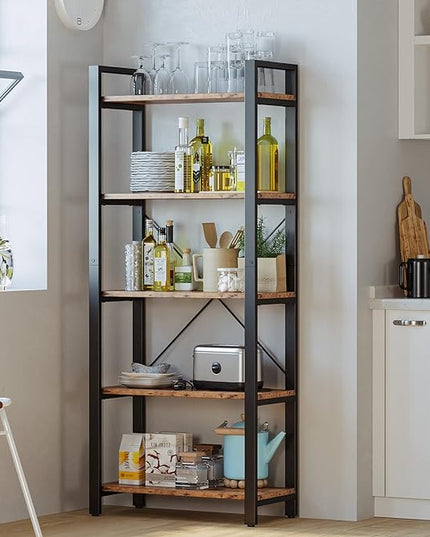 IRONCK Bookshelf 5-Tier Ladder Shelf 110lbs/shelf Vintage Industrial Style Bookcase for Home Decor, Office Decor - LeafyLoom