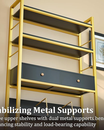 Bookshelf with Drawers-31.5'' Widen Industrial Book Shelf with Bookend,5-Tiers Tall Storage Shelves, Steel Frame Display Rack, Suitable for Bedroom, Office, Living Room-27'' Depth Black - LeafyLoom