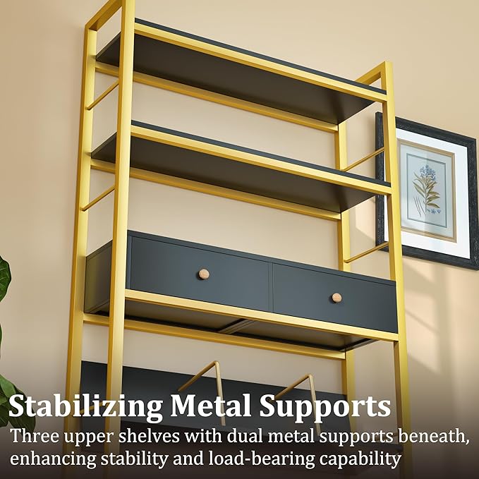 Bookshelf with Drawers-31.5'' Widen Industrial Book Shelf with Bookend,5-Tiers Tall Storage Shelves, Steel Frame Display Rack, Suitable for Bedroom, Office, Living Room-27'' Depth Black - LeafyLoom