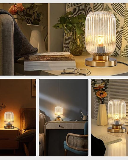 Bedside Table Lamp Mid Century Glass Table Lamps Modern Globe Table lamp Gold Desk lamp nightstand lamp with Amber Pumpkin Design with Ribbed Glass Shade for Bedroom Living Room Office - LeafyLoom