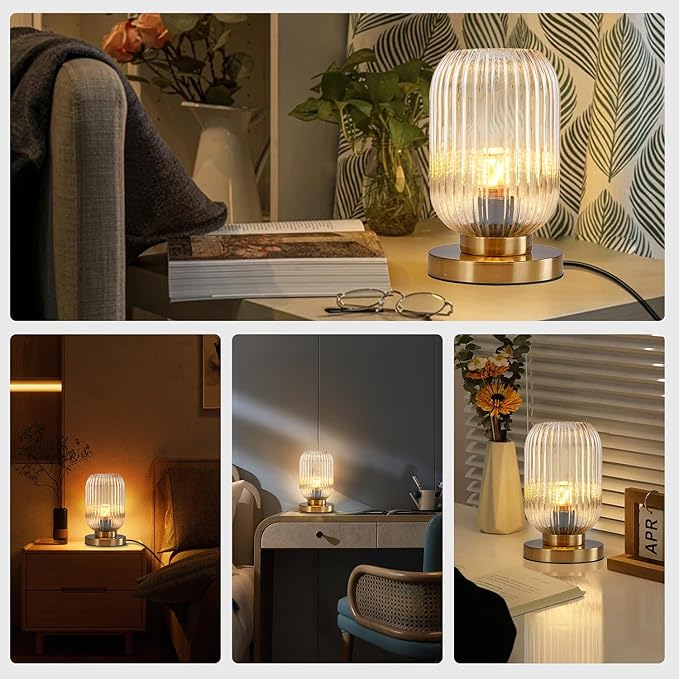 Bedside Table Lamp Mid Century Glass Table Lamps Modern Globe Table lamp Gold Desk lamp nightstand lamp with Amber Pumpkin Design with Ribbed Glass Shade for Bedroom Living Room Office - LeafyLoom