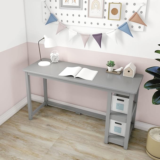 Max & Lily Solid Wood Desk With Shelves, 55 Inches, Grey - LeafyLoom