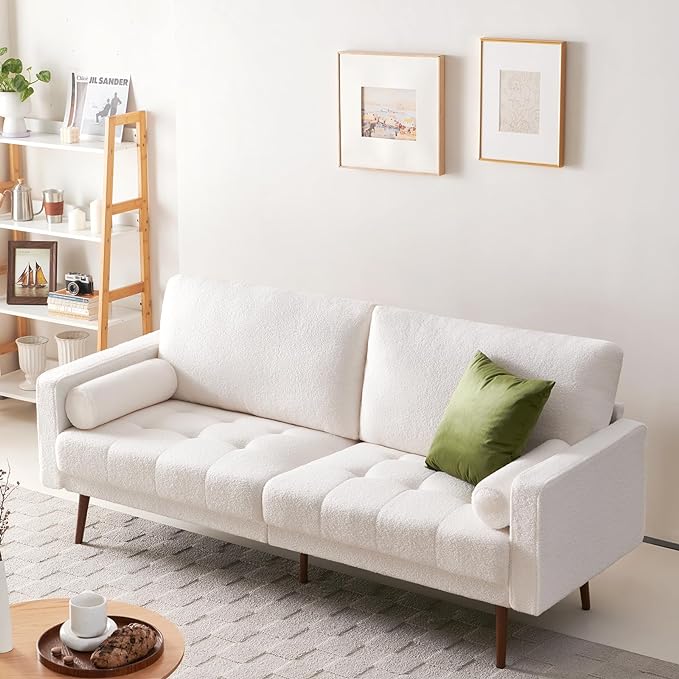 Vonanda Velvet Boucle Sofa Couch, Mid-Century 73 Inch 3 Seater Couch with Hand-Stitched Comfy Cushion and Bolster Pillows for Living Room, Elegant Boucle White - LeafyLoom