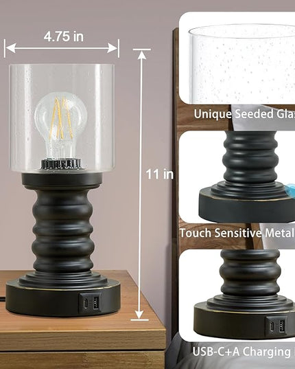 Industrial Table Lamp with Seeded Glass Shade, Small Table Lamp for Small Spaces, Touch Lamp with USB C and A Ports, Black Vintage Desk Lamp for Living Room, Bedroom, Den - LeafyLoom