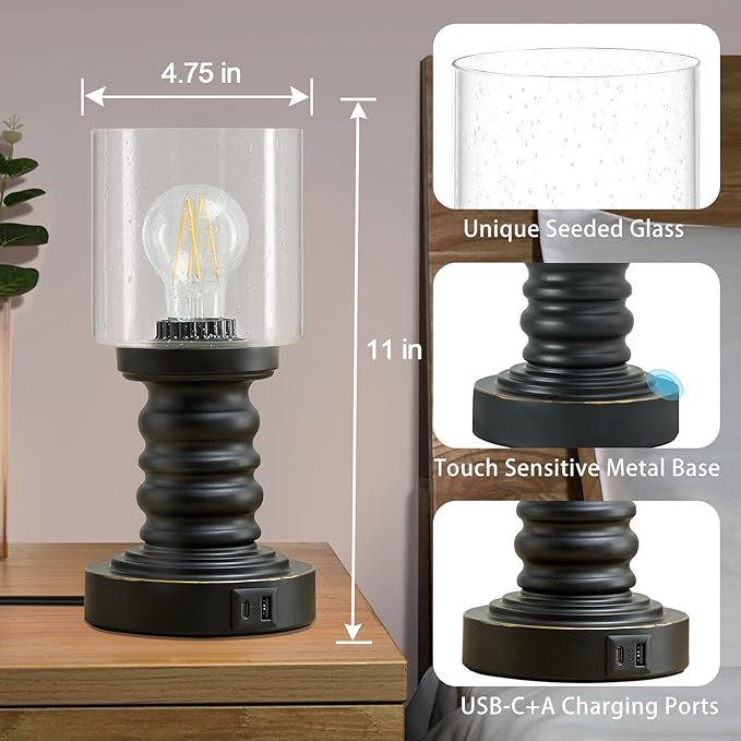 Industrial Table Lamp with Seeded Glass Shade, Small Table Lamp for Small Spaces, Touch Lamp with USB C and A Ports, Black Vintage Desk Lamp for Living Room, Bedroom, Den - LeafyLoom