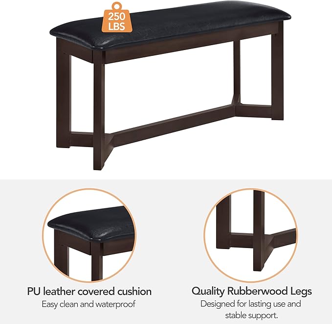 Farmhouse Style 4 Upholstered Chairs and Bench, Sturdy Wood, Easy Assembly & Clean, Room, Kitchen, Dark Brown, 6 Piece Dining Table Set - LeafyLoom