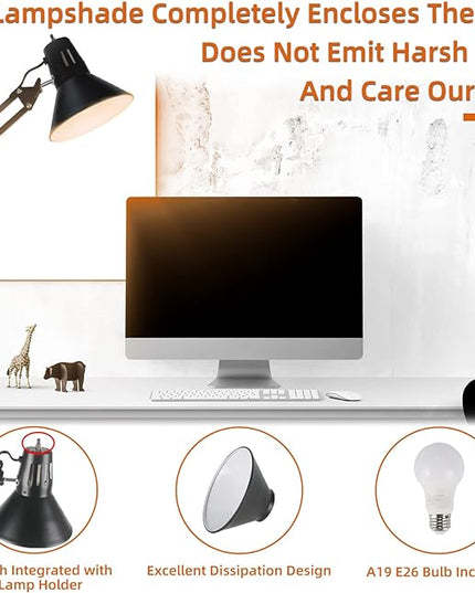 Desk Lamp for Home Office Eye-Caring Metal Extra Long Swing Arm Stable Clamp Flexible Gooseneck A19 E26 Bulb included as Table Working Reading Aesthetic Computer Versatile Light - LeafyLoom